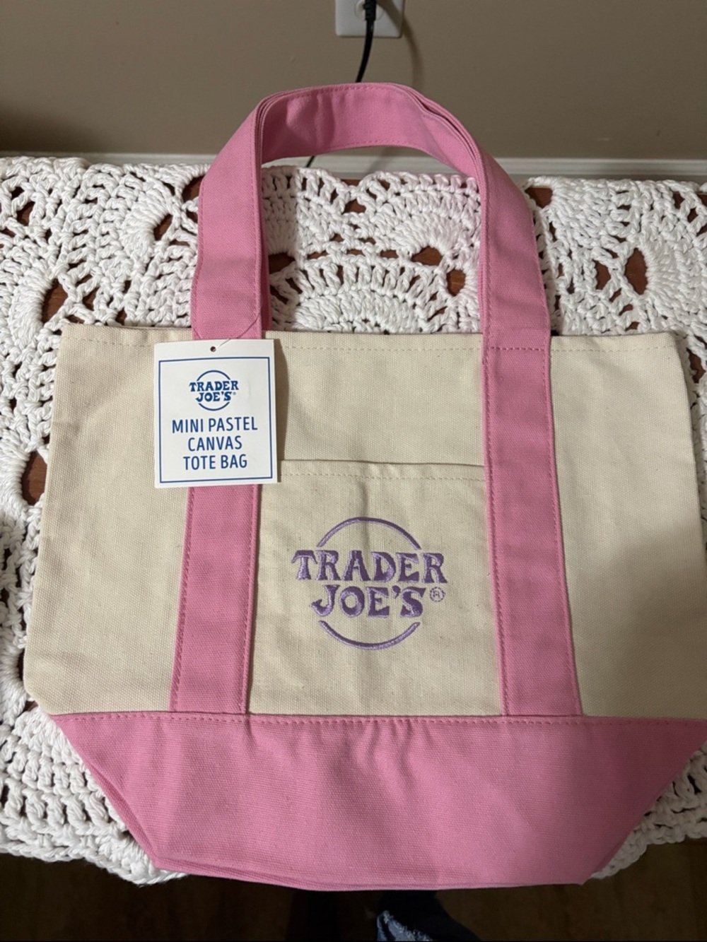 Trader Joe's Mini Pastel Canvas Tote Bag - Pink & Cream NWT